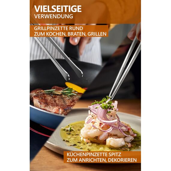 4smile Kochpinzette, 2 Stück Set - Kochpinzette Edelstahl, 30 cm lang, Pinzette Küche - Grillpinzette rund zum Kochen und Braten + Küchenpinzette spitz zum Dekorieren