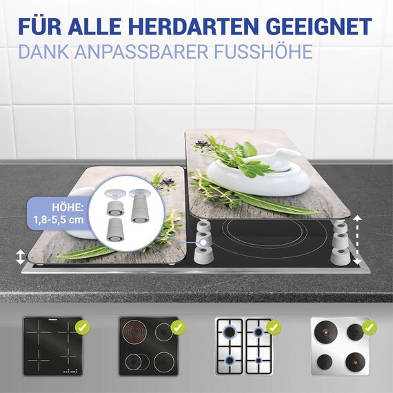WENKO Herdabdeckplatte Universal Mod. Kräutergarten, höhenverstellbar für alle Herdarten, Schneidebrett und Spritzschutz, Glas, 30 x 52 cm, 2-teilig