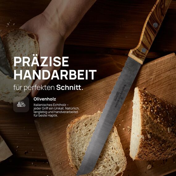 Schwertkrone® Brotmesser Holzgriff Wellenschliff [MADE IN SOLINGEN - GERMANY] - Bread Knife - Brotmesser mit Holzgriff - Brotschneidemesser - Sägemesser mit Oliven-Holzgriff (Klinge: 20cm)