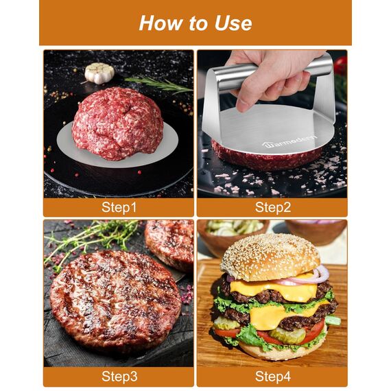 Warmodern Burgerpresse, 5,5 Zoll Edelstahl Smash Burger Press, 100 Stück Burgerpapier, Hamburgerpresse und Squeeze Grease, Leicht zu Reinigen