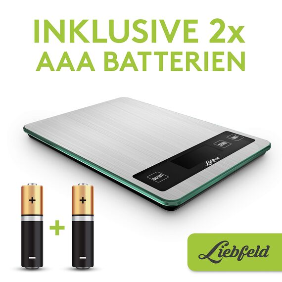 Liebfeld Küchenwaage Digital - Präzise Waage aus Edelstahl u. Glas mit großer Wiegefläche bis 15kg - Beleuchtetes Display - Digitale Küchenwaage inkl. 2 AA Batterien - Küchen Zubehör