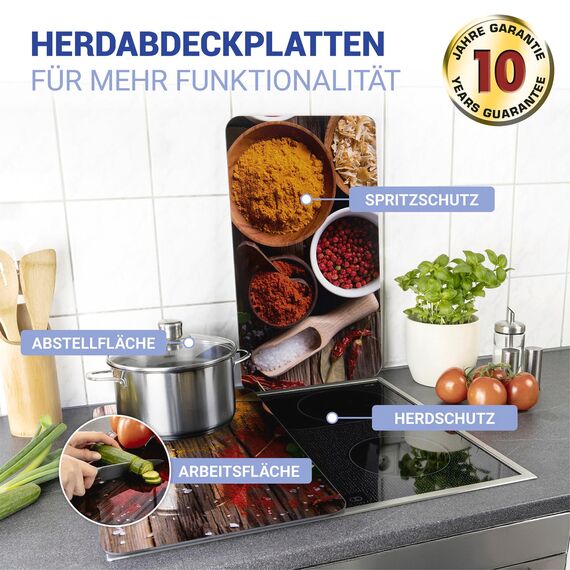 WENKO Herdabdeckplatte Universal Mod. Gewürze, höhenverstellbar für alle Herdarten, Schneidebrett und Spritzschutz, Glas, 30 x 52 cm, 2-teilig