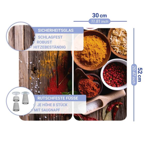 WENKO Herdabdeckplatte Universal Mod. Gewürze, höhenverstellbar für alle Herdarten, Schneidebrett und Spritzschutz, Glas, 30 x 52 cm, 2-teilig