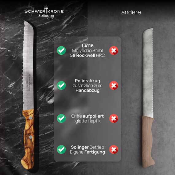 Schwertkrone® Brotmesser Holzgriff Wellenschliff [MADE IN SOLINGEN - GERMANY] - Bread Knife - Brotmesser mit Holzgriff - Brotschneidemesser - Sägemesser mit Oliven-Holzgriff (Klinge: 20cm)