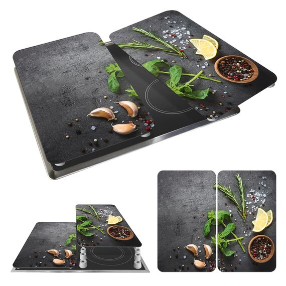 WENKO Herdabdeckplatte Universal Mod. Kräuter, höhenverstellbar für alle Herdarten, Schneidebrett und Spritzschutz, Glas, 30 x 52 cm, 2-teilig
