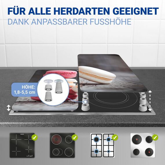 WENKO Herdabdeckplatte Universal Mod. Macarons, höhenverstellbar für alle Herdarten, Schneidebrett und Spritzschutz, Glas, 30 x 52 cm, 2-teilig