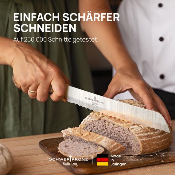 Schwertkrone® Brotmesser Holzgriff Wellenschliff [MADE IN SOLINGEN - GERMANY] - Bread Knife - Brotmesser mit Holzgriff - Brotschneidemesser - Sägemesser mit Oliven-Holzgriff (Klinge: 20cm)