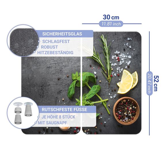 WENKO Herdabdeckplatte Universal Mod. Kräuter, höhenverstellbar für alle Herdarten, Schneidebrett und Spritzschutz, Glas, 30 x 52 cm, 2-teilig