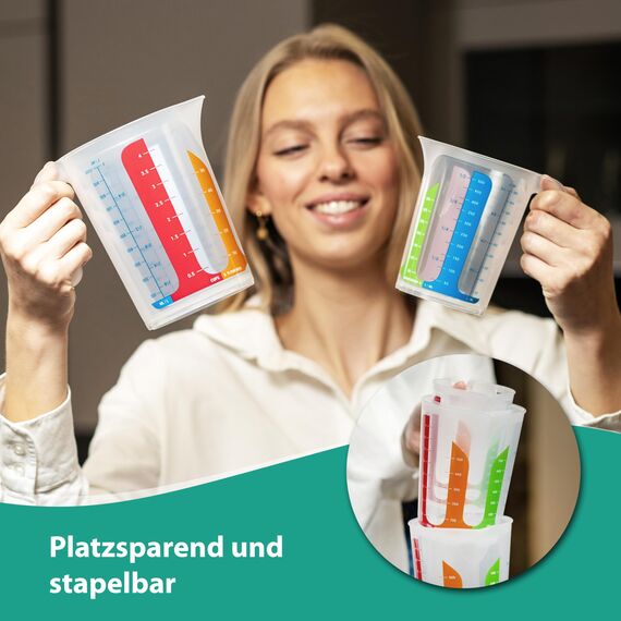 MiraHome 4er Set bunt – 2 Messbecher mit 1L & 2 mit 500ml – bruchsichere Kunststoff-Messbecher für Küche – Skala für ml/L, Cups & Gramm für Zucker/Mehl – Austrian Quality