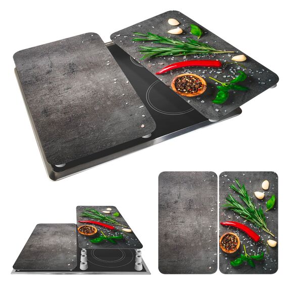 WENKO Herdabdeckplatte Universal Mod. Rosmarin, höhenverstellbar für alle Herdarten, Schneidebrett und Spritzschutz, Glas, 30 x 52 cm, 2-teilig