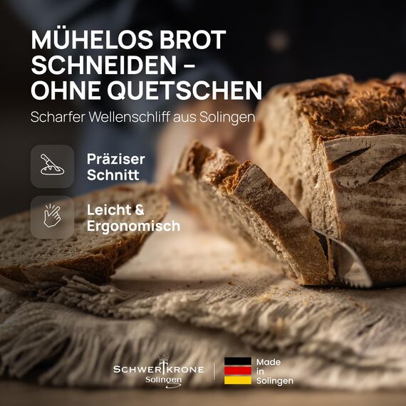 Schwertkrone® Brotmesser Wellenschliff [MADE IN SOLINGEN - GERMANY] - Bread Knife - Großes Brotmesser mit Griff - Brötchen- & Brotschneidemesser - Sägemesser aus Rostfreiem Edelstahl (Klinge: 17cm)