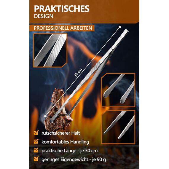 4smile Kochpinzette, 2 Stück Set - Kochpinzette Edelstahl, 30 cm lang, Pinzette Küche - Grillpinzette rund zum Kochen und Braten + Küchenpinzette spitz zum Dekorieren
