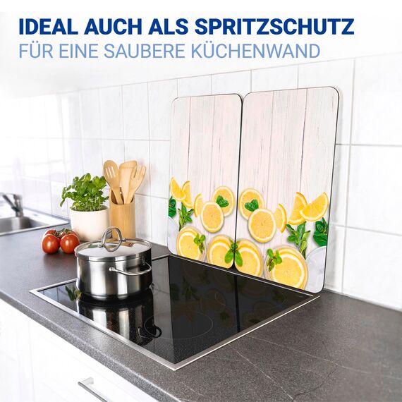 WENKO Herdabdeckplatte Universal Mod. Zitronen, höhenverstellbar für alle Herdarten, Schneidebrett und Spritzschutz, Glas, 30 x 52 cm, 2-teilig