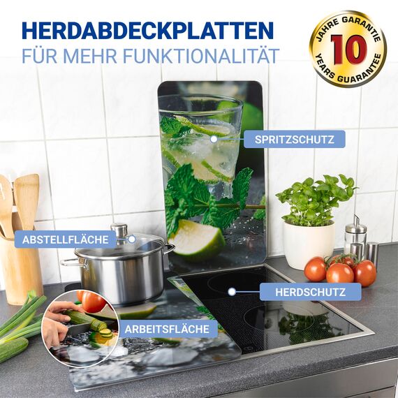 WENKO Herdabdeckplatte Universal Mod. Mojito, höhenverstellbar für alle Herdarten, Schneidebrett und Spritzschutz, Glas, 30 x 52 cm, 2-teilig
