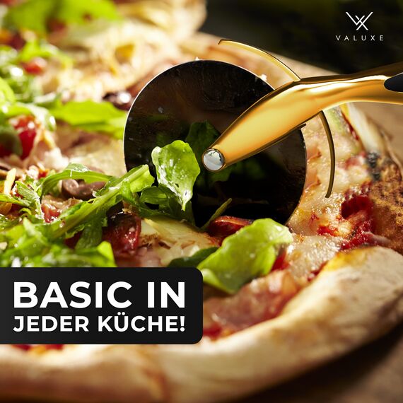 VALUXE® Pizzaschneider aus Edelstahl [Golden Original] - Pizzaroller scharf & spülmaschinenfest - Professioneller Pizza-Cutter Roller mit rutschfestem Griff, Pizzamesser Rad