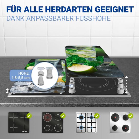 WENKO Herdabdeckplatte Universal Mod. Mojito, höhenverstellbar für alle Herdarten, Schneidebrett und Spritzschutz, Glas, 30 x 52 cm, 2-teilig