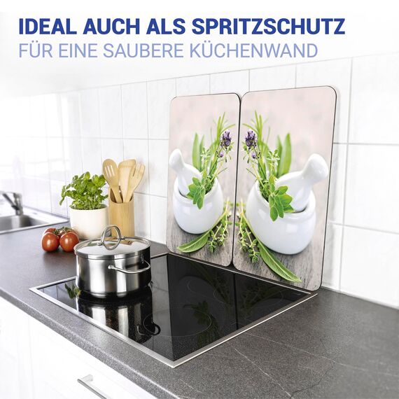 WENKO Herdabdeckplatte Universal Mod. Kräutergarten, höhenverstellbar für alle Herdarten, Schneidebrett und Spritzschutz, Glas, 30 x 52 cm, 2-teilig