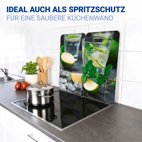 WENKO Herdabdeckplatte Universal Mod. Mojito, höhenverstellbar für alle Herdarten, Schneidebrett und Spritzschutz, Glas, 30 x 52 cm, 2-teilig
