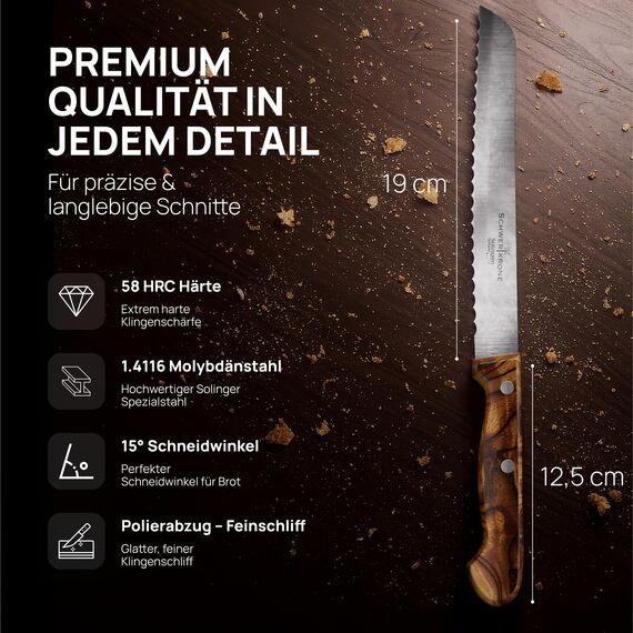 Schwertkrone® Brotmesser Holzgriff Wellenschliff [MADE IN SOLINGEN - GERMANY] - Bread Knife - Brotmesser mit Holzgriff - Brotschneidemesser - Sägemesser mit Oliven-Holzgriff (Klinge: 20cm)