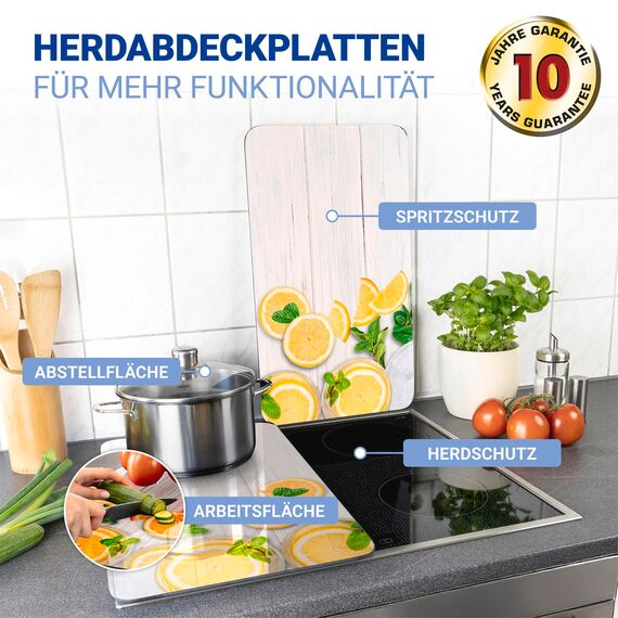 WENKO Herdabdeckplatte Universal Mod. Zitronen, höhenverstellbar für alle Herdarten, Schneidebrett und Spritzschutz, Glas, 30 x 52 cm, 2-teilig
