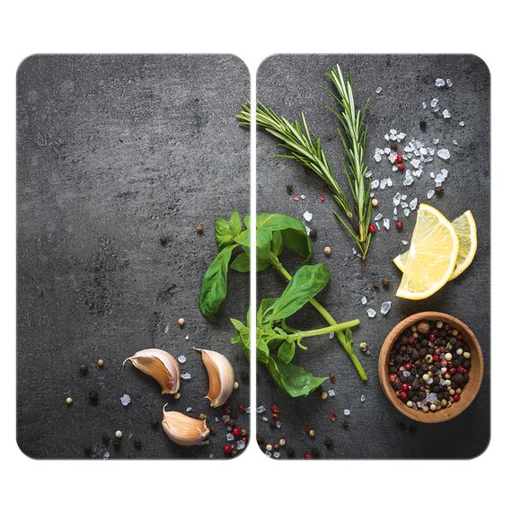 WENKO Herdabdeckplatte Universal Mod. Kräuter, höhenverstellbar für alle Herdarten, Schneidebrett und Spritzschutz, Glas, 30 x 52 cm, 2-teilig