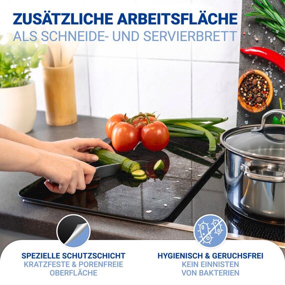 WENKO Herdabdeckplatte Universal Mod. Rosmarin, höhenverstellbar für alle Herdarten, Schneidebrett und Spritzschutz, Glas, 30 x 52 cm, 2-teilig