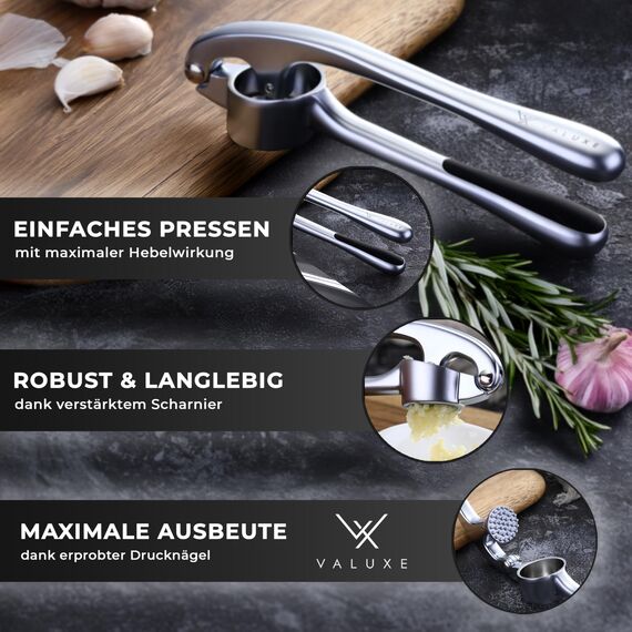 VALUXE® Knoblauchpresse groß spülmaschinenfest mit kraftvoller Hebelwirkung - Praktische Knoblauch-Presse - Profi Garlic Press Crusher, Handpresse hochwertig & robust