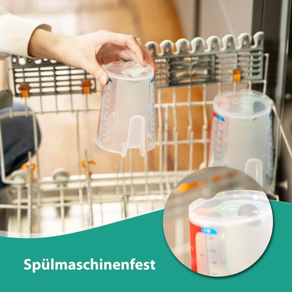 MiraHome 4er Set bunt – 2 Messbecher mit 1L & 2 mit 500ml – bruchsichere Kunststoff-Messbecher für Küche – Skala für ml/L, Cups & Gramm für Zucker/Mehl – Austrian Quality