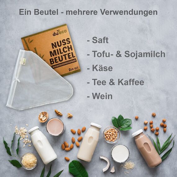 DuEco Nussmilchbeutel mit 2 Stück für Bio Nussmilch & Pflanzenmilch - Mehrzweck Passiertuch für hausgemachten Käse, Obstsaft und Gemüsesaft (2er Set | V-förmige Beutel (28 x 30cm))