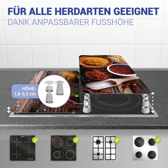 WENKO Herdabdeckplatte Universal Mod. Gewürze, höhenverstellbar für alle Herdarten, Schneidebrett und Spritzschutz, Glas, 30 x 52 cm, 2-teilig