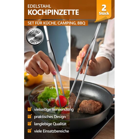 4smile Kochpinzette, 2 Stück Set - Kochpinzette Edelstahl, 30 cm lang, Pinzette Küche - Grillpinzette rund zum Kochen und Braten + Küchenpinzette spitz zum Dekorieren