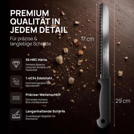 Schwertkrone® Brotmesser Wellenschliff [MADE IN SOLINGEN - GERMANY] - Bread Knife - Großes Brotmesser mit Griff - Brötchen- & Brotschneidemesser - Sägemesser aus Rostfreiem Edelstahl (Klinge: 17cm)