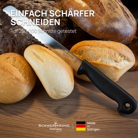 Schwertkrone® Brotmesser Wellenschliff [MADE IN SOLINGEN - GERMANY] - Bread Knife - Großes Brotmesser mit Griff - Brötchen- & Brotschneidemesser - Sägemesser aus Rostfreiem Edelstahl (Klinge: 17cm)