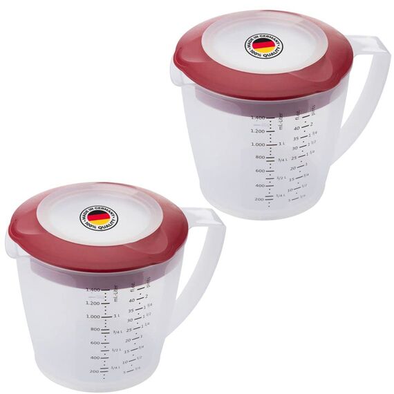 Westmark 2 Rührbecher/Messkannen mit Spritzschutz, Deckel und Ausgießer, Kunststoff, Füllvolumen: 1,4 Liter, Helena, Transparent/Rot, 310522ER