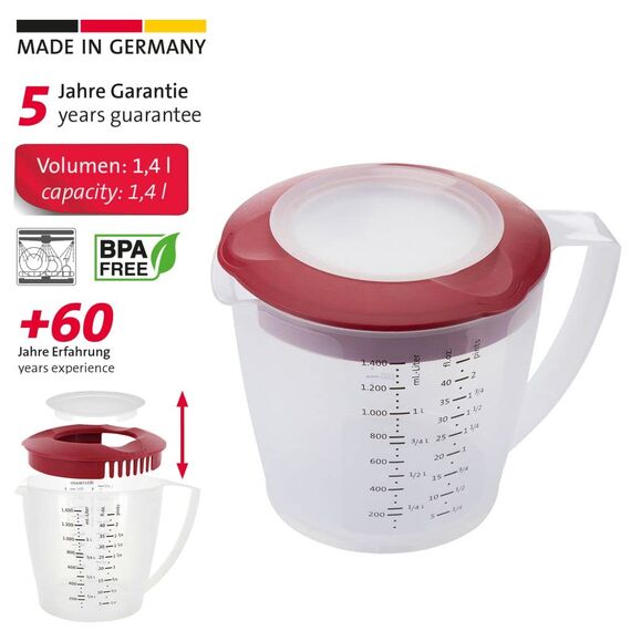 Westmark 2 Rührbecher/Messkannen mit Spritzschutz, Deckel und Ausgießer, Kunststoff, Füllvolumen: 1,4 Liter, Helena, Transparent/Rot, 310522ER