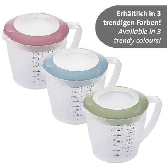 Westmark Rührbecher/Messkanne mit Spritzschutz, Deckel und Ausgießer, Kunststoff, Füllvolumen: 1,4 Liter, Helena, Transparent/Rosa, 3105227P, 1 – Pack
