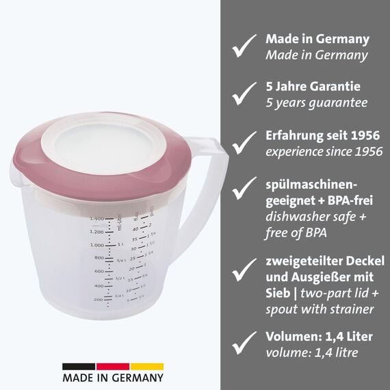 Westmark Rührbecher/Messkanne mit Spritzschutz, Deckel und Ausgießer, Kunststoff, Füllvolumen: 1,4 Liter, Helena, Transparent/Rosa, 3105227P, 1 – Pack