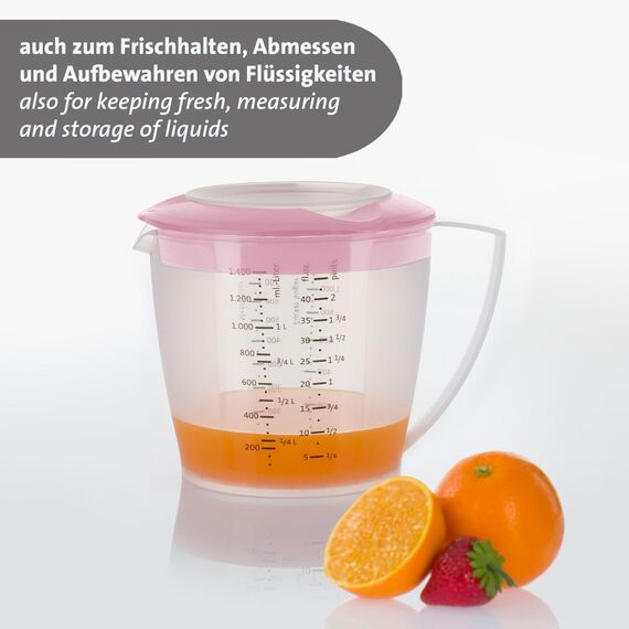 Westmark Rührbecher/Messkanne mit Spritzschutz, Deckel und Ausgießer, Kunststoff, Füllvolumen: 1,4 Liter, Helena, Transparent/Rosa, 3105227P, 1 – Pack