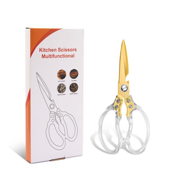 CGBE Multifunktionale Küchenschere aus Edelstahl: Scharfe Haushaltsschere für Küche - Transparenter Griff - Allzweckschere für Huhn Geflügel Fisch Fleisch Kräuter - Gold