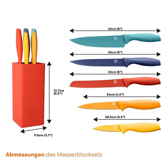 MasterChef Messerblock mit Messer, Messerset mit Block, Scharfe Messer Set mit Küchenmesser, Kochmesser, Brotmesser, Schälmesser & Allzweckmesser, Edelstahlklingen, Softgriff, 6-teilig, Mehrfarbig
