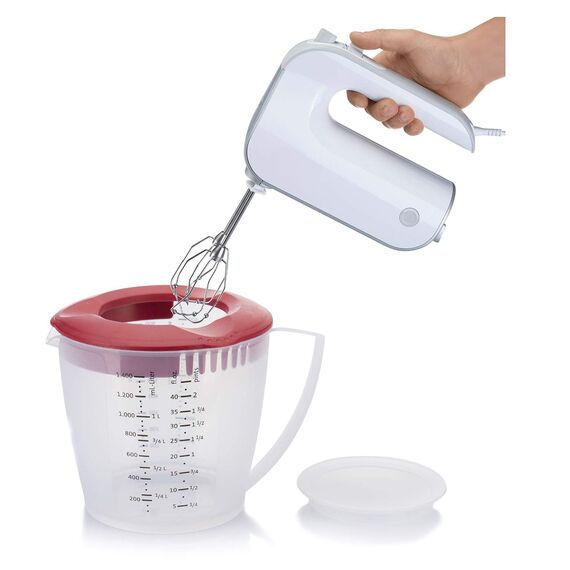 Westmark Rührbecher/Messkanne mit Spritzschutz, Deckel und Ausgießer, Kunststoff, Füllvolumen: 1,4 Liter, Helena, Transparent/Rot, 3105227R