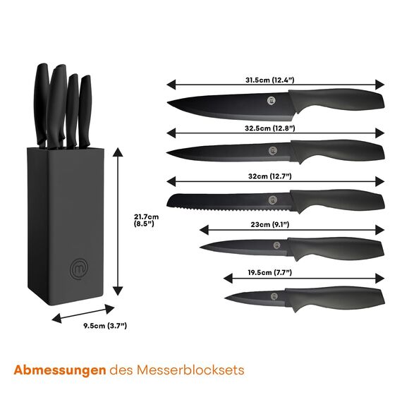 MasterChef Messerblock mit Messer, Messerset mit Block, Scharfe Messer Set mit Küchenmesser, Kochmesser, Brotmesser, Schälmesser & Allzweckmesser, Edelstahlklingen, Softgriff, 6-teilig, Schwarz