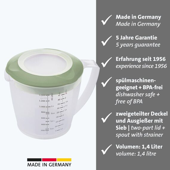 Westmark Rührbecher/Messkanne mit Spritzschutz, Deckel und Ausgießer, Kunststoff, Füllvolumen: 1,4 Liter, Helena, Transparent/Grün, 3105227M, 1 – Pack