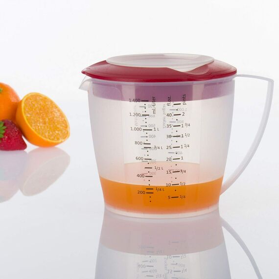 Westmark Rührbecher/Messkanne mit Spritzschutz, Deckel und Ausgießer, Kunststoff, Füllvolumen: 1,4 Liter, Helena, Transparent/Rot, 3105227R