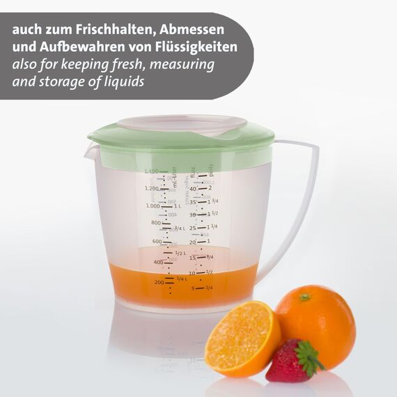 Westmark Rührbecher/Messkanne mit Spritzschutz, Deckel und Ausgießer, Kunststoff, Füllvolumen: 1,4 Liter, Helena, Transparent/Grün, 3105227M, 1 – Pack
