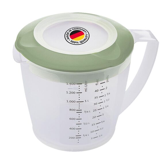 Westmark Rührbecher/Messkanne mit Spritzschutz, Deckel und Ausgießer, Kunststoff, Füllvolumen: 1,4 Liter, Helena, Transparent/Grün, 3105227M, 1 – Pack