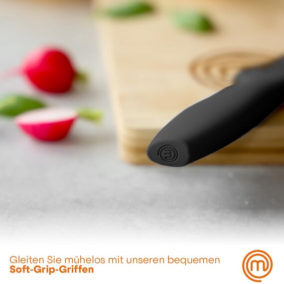 MasterChef Messerblock mit Messer, Messerset mit Block, Scharfe Messer Set mit Küchenmesser, Kochmesser, Brotmesser, Schälmesser & Allzweckmesser, Edelstahlklingen, Softgriff, 6-teilig, Schwarz