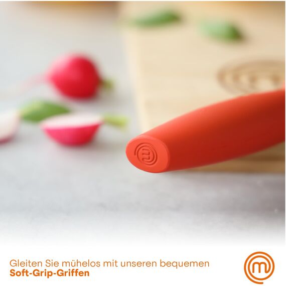 MasterChef Messerblock mit Messer, Messerset mit Block, Scharfe Messer Set mit Küchenmesser, Kochmesser, Brotmesser, Schälmesser & Allzweckmesser, Edelstahlklingen, Softgriff, 6-teilig, Mehrfarbig