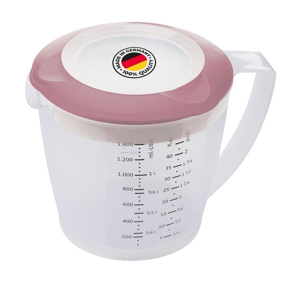 Westmark Rührbecher/Messkanne mit Spritzschutz, Deckel und Ausgießer, Kunststoff, Füllvolumen: 1,4 Liter, Helena, Transparent/Rosa, 3105227P, 1 – Pack
