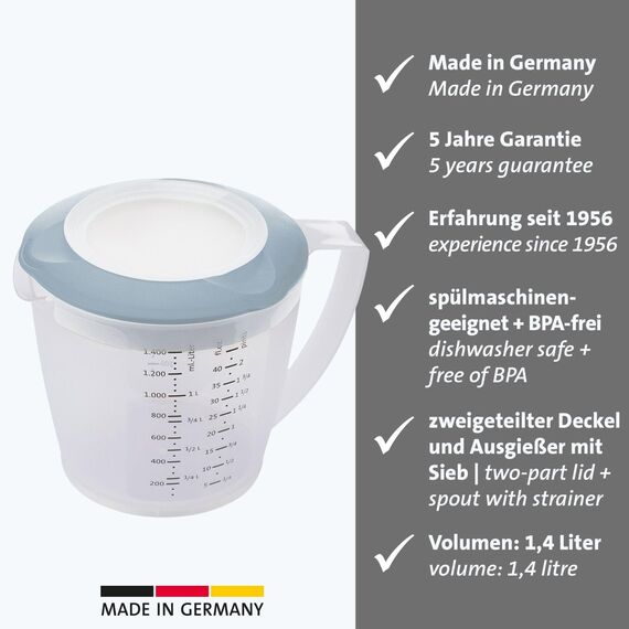 Westmark Rührbecher/Messkanne mit Spritzschutz, Deckel und Ausgießer, Kunststoff, Füllvolumen: 1,4 Liter, Helena, Transparent/Blau, 3105227B, 1 – Pack